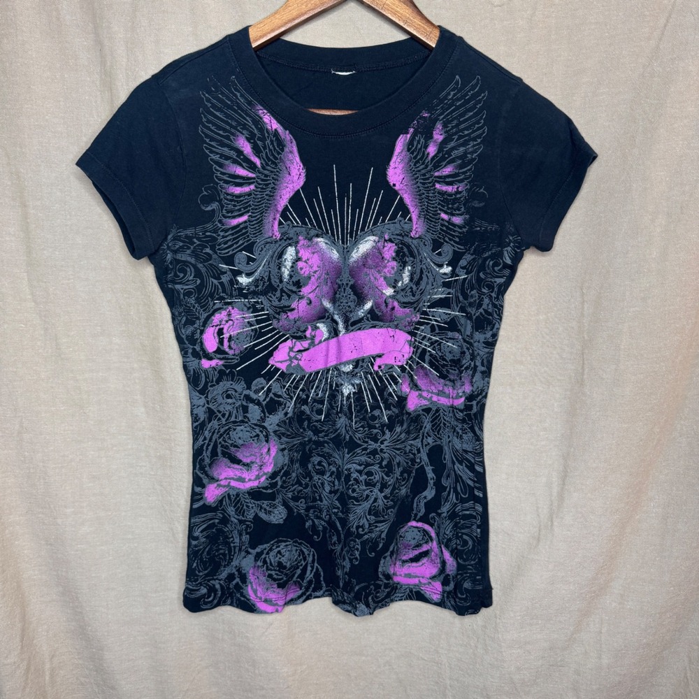Y2K Gothic Grunge Graphic Tee Black Pink Wings Heart Slim Fit Baby Doll Shirt